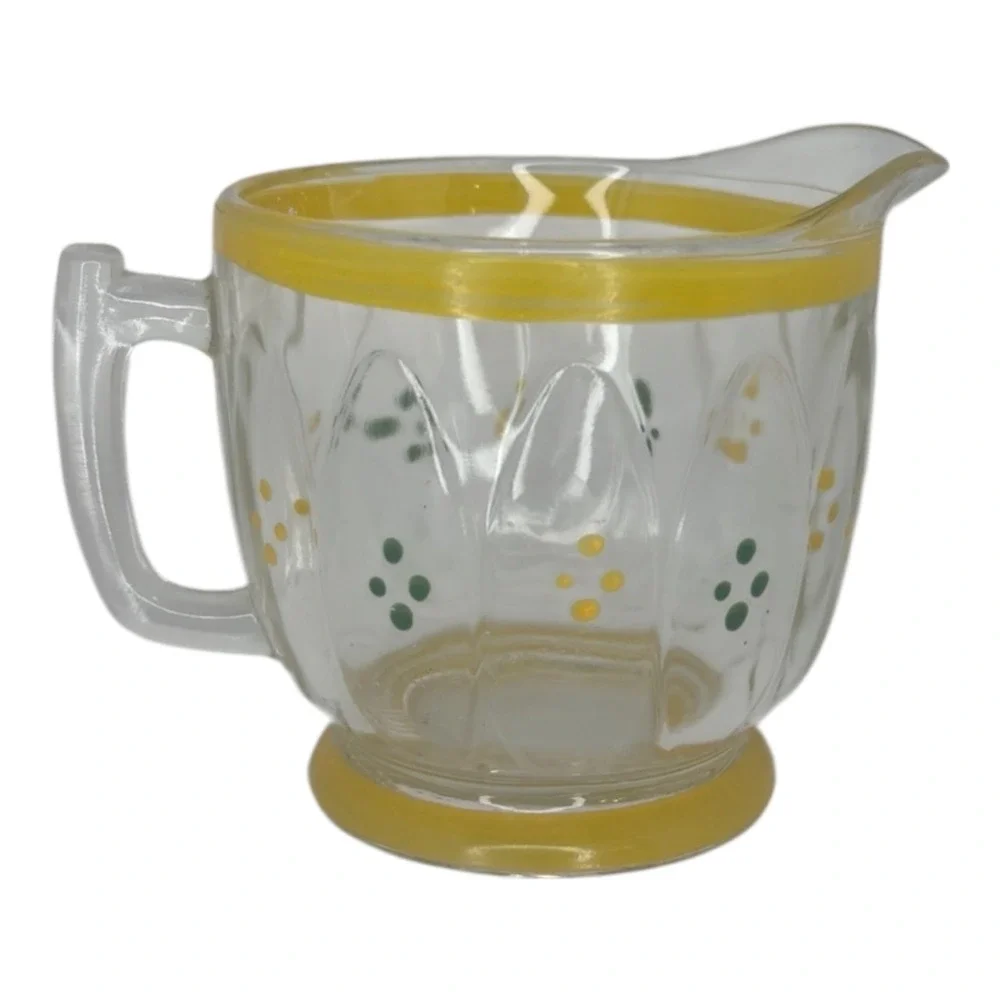 Vintage Hand Painted Glass Creamer Pitcher Yellow Green Dots Paneled Clear Glass
